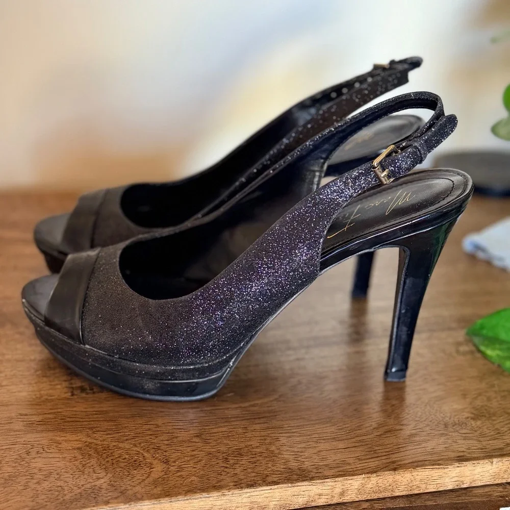 Marc Fisher Slingback Heels Women 8M Black‎ Glitter Peep Toe Platform Pump 5179